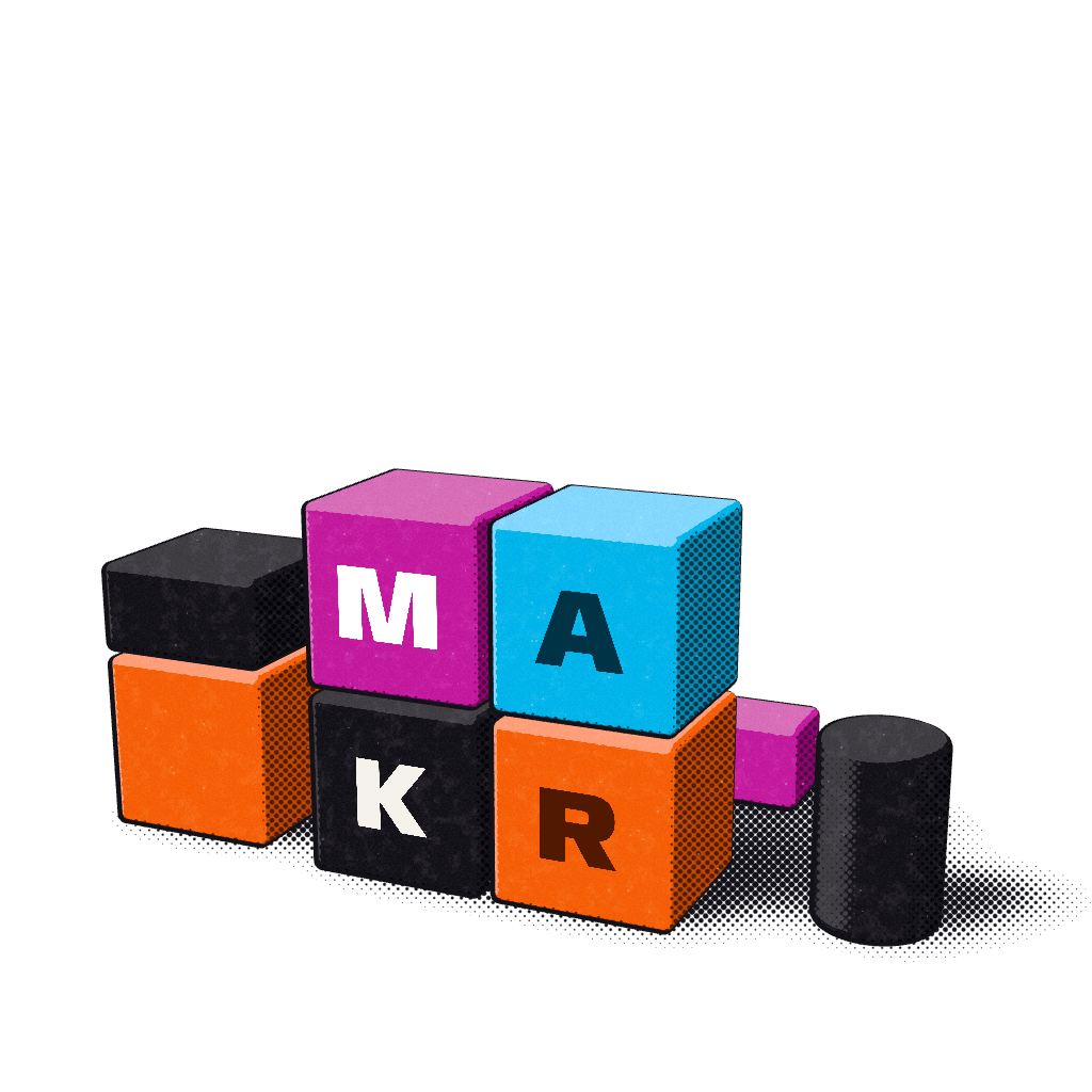 The MAKR blocks tidied into the mark, print-shaded, on Bone